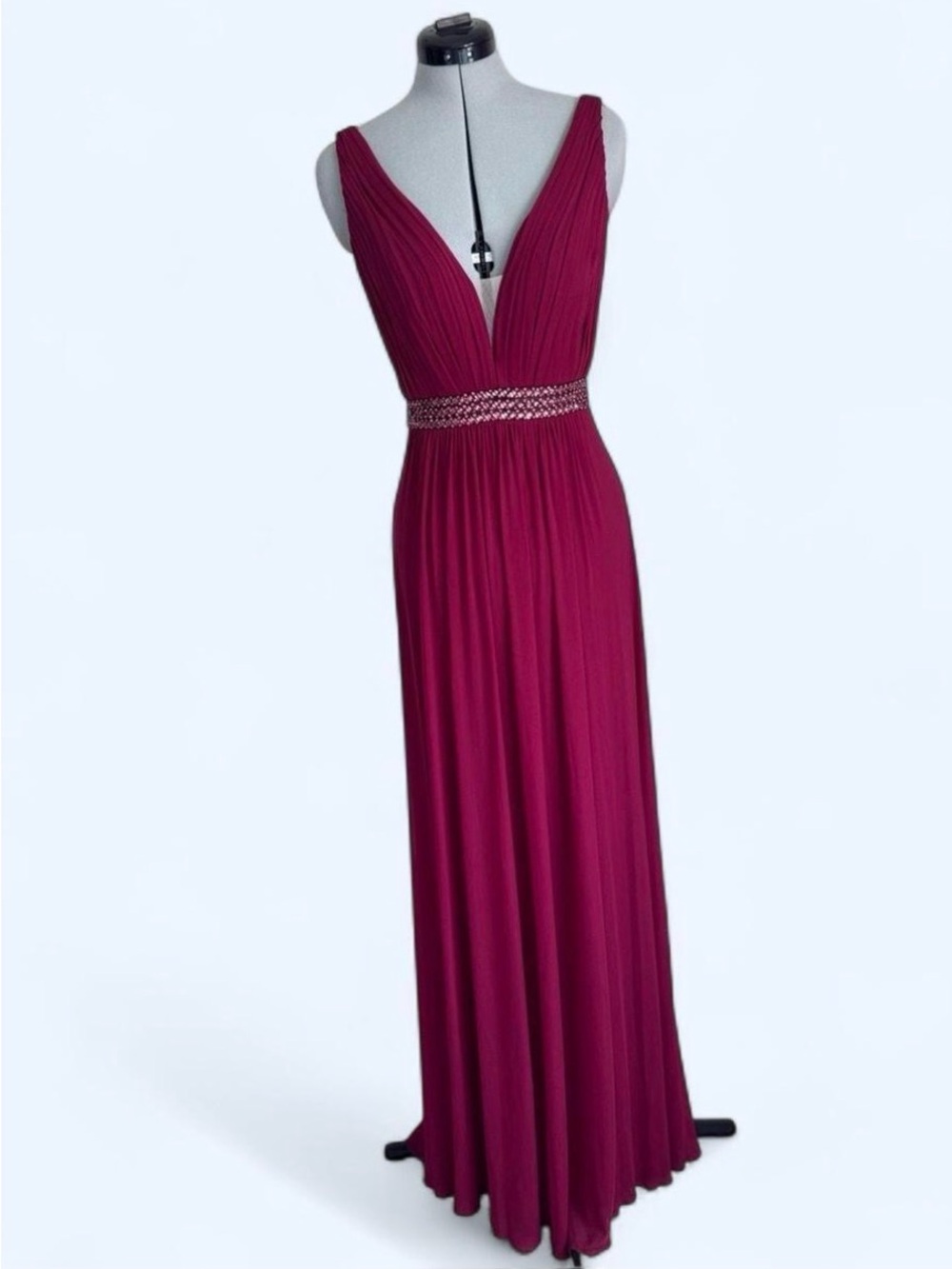 Sherri Hill Raspberry Sleeveless V-Neck Maxi Gown with Beaded Details